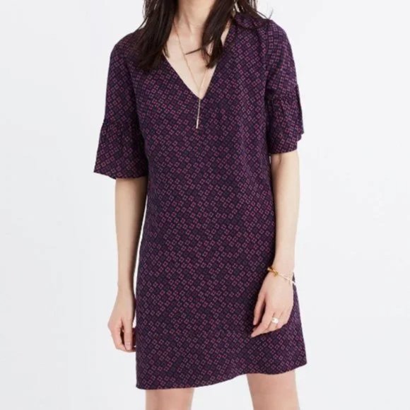 Madewell Purple, Pink & Navy Bell Sleeve Silk Mini Dress - Picture 7 of 8